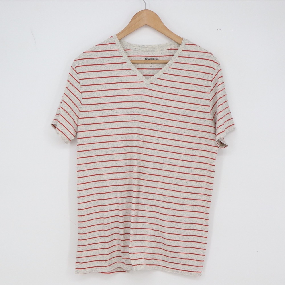 Goodfellow & Co T-Shirt Mens M Standard Fit Gray Red Striped V-Neck Excellent